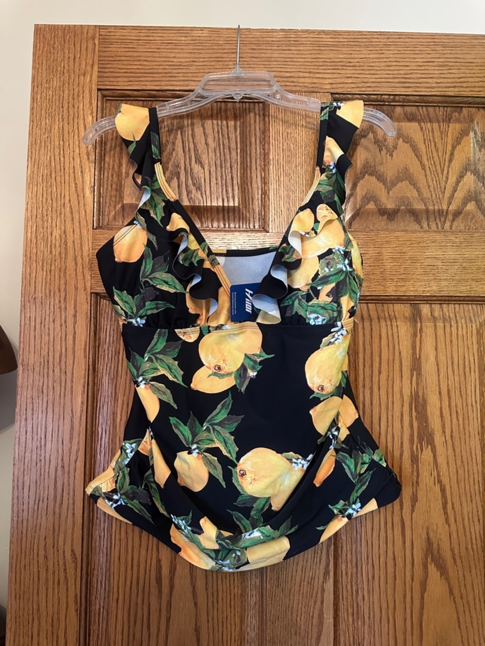 Black Lemon Print Ruffle Tankini